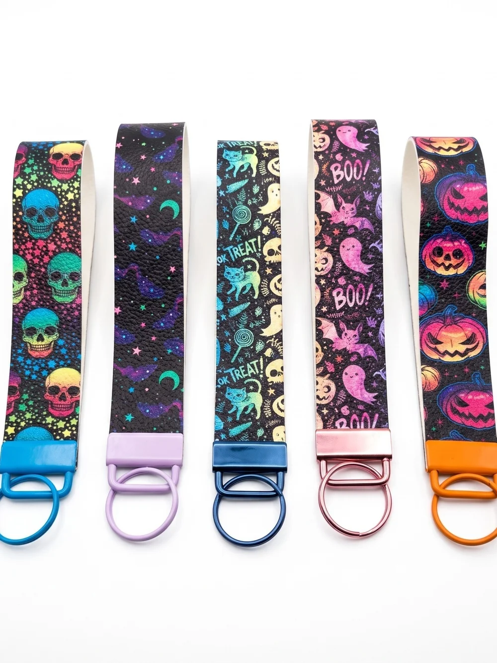 Halloween Wristlet Keychain Fobs Set of 5 Vegan Faux Leather Spooky Key Holders